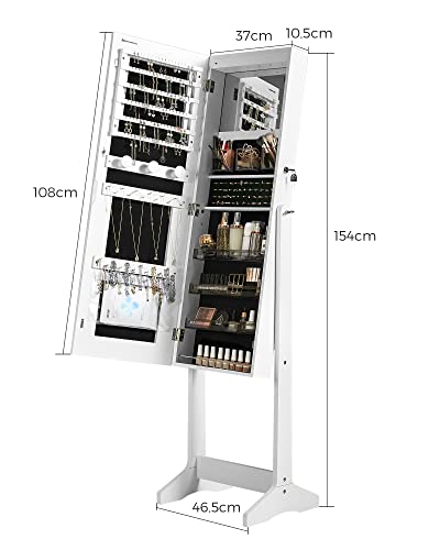 Jewellery Cabinet Mirror Cabinet Jewellery Organiser with LED Lighting, Adjustable Colour and Brightness, with Frameless Full Length Mirror, Interior Mirror with Lighting, White