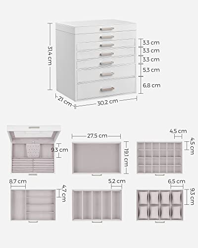 Jewellery Box, Jewellery Organiser, Large Jewellery case, with 6 Layers and 5 Drawers, White