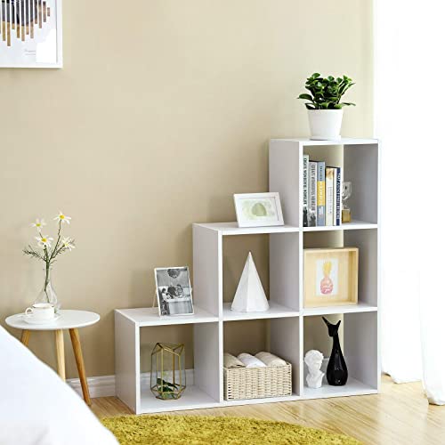 Stair Shelf Bookcase Step Shelf with 6 Cube Ladder Shelf Room Divider Cube Shelf Freestanding Office Living Room Bedroom White