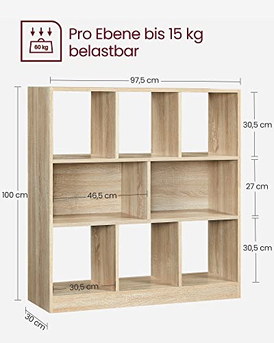 Bookshelf, Wooden Bookcase with Open Cubbies, Free Standing Storage Unit for Living Room, Bedroom, Children’s Room, 97.5 x 30 x 100 cm, Oak Colour