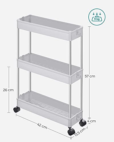 3-Tier Storage Trolley, Kitchen Trolley on Wheels, Narrow Trolley for Kitchen Bathroom Office or Small Spaces, 42 x 13.5 x 61 cm, White