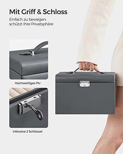 Jewellery Box 3 Layers, Jewellery Organiser with 2 Drawers, Jewellery Case with Portable Travel Case, with Handle, Lockable, Jewellery Storage, Gift for Loved ones, Grey