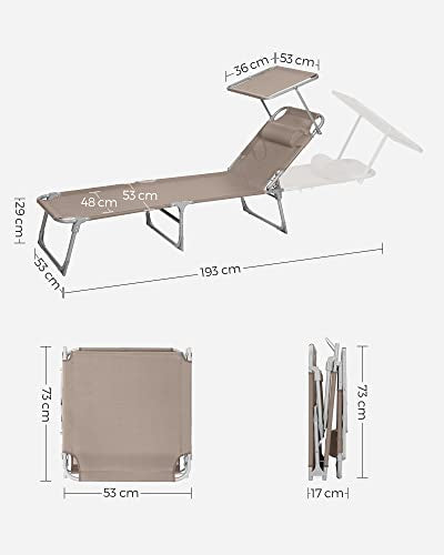 Sun Lounger, Sunbed, Reclining Sun Chair, with Headrest, Adjustable Backrest, Sunshade, Lightweight, Foldable, 53 x 193 x 29.5 cm, Load Capacity 150 kg, for Garden, Taupe 