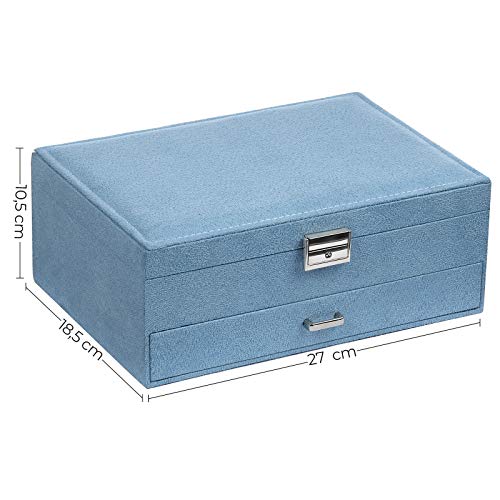 Jewellery Box, Jewellery Case, 2 Levels with a Drawer and Key, for Rings Watches Necklaces Earrings, Light Blue