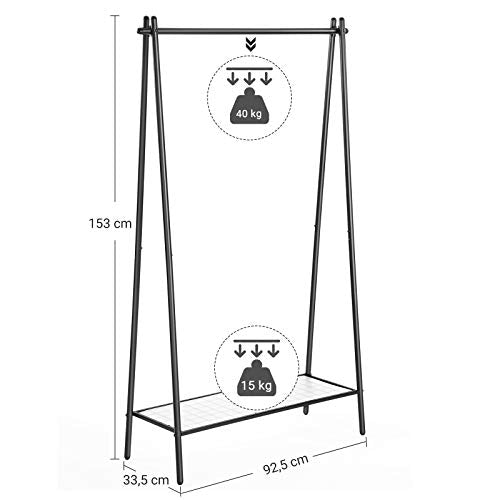 Clothes Rack with Steel Structure, Garment Rack with Hanging Rail, Bottom Shelf, Simple Look, for Bedroom Entrance Attic Basement, 92.5 x 33.5 x 153 cm, Matte Black