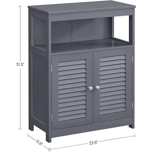 Wooden Bathroom Floor Cabinet Storage Organiser Rack, Kitchen Cupboard Free Standing, with Double Shutter Doors, Grey