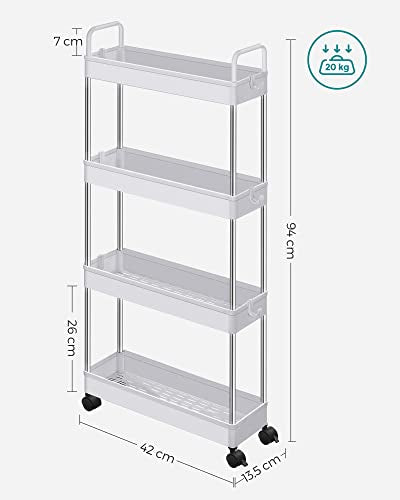 Storage Trolley, Slim Trolley, 4-Tier Kitchen Storage Trolley, Narrow Gap Bathroom Trolley with Wheels and Handles, 40 x 13 x 93 cm, White