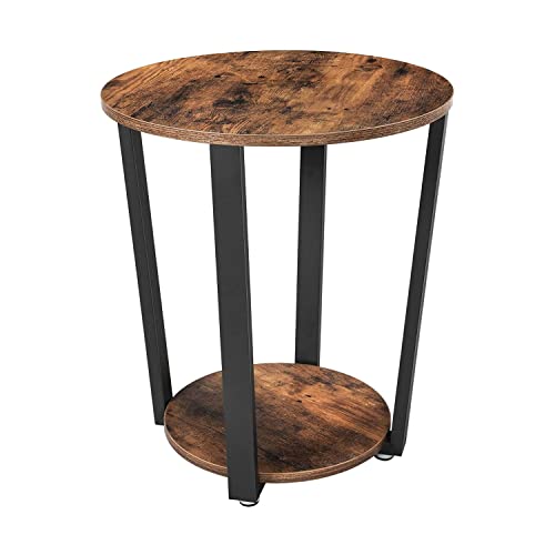 Side Table, Round End Table with Steel Frame, for Living Room, Bedroom, Simple Assembly, Industrial, Rustic Brown and Black 