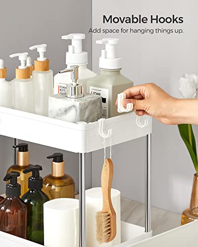 Under Sink Organizer, Under Bathroom Sink Storage 2 Tier Organizer Bath Collection Baskets with Hooks，White