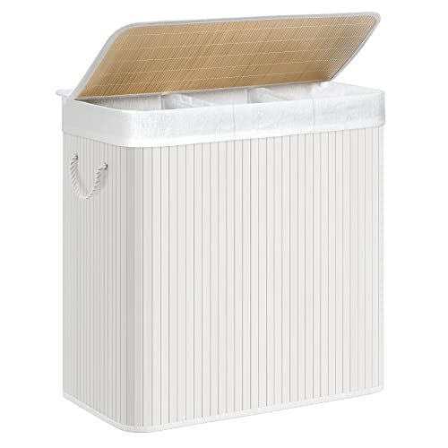 Laundry Hamper Basket with 3 Sections, Clip-on Lid and Handles, 150L Foldable, for Laundry Room, Bedroom, Bathroom, White