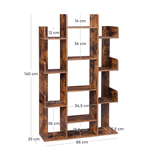 Bookshelf, Tree-Shaped Bookcase with 13 Storage Shelves, 86 x 25 x 140 cm, with Rounded Corners, Rustic Brown