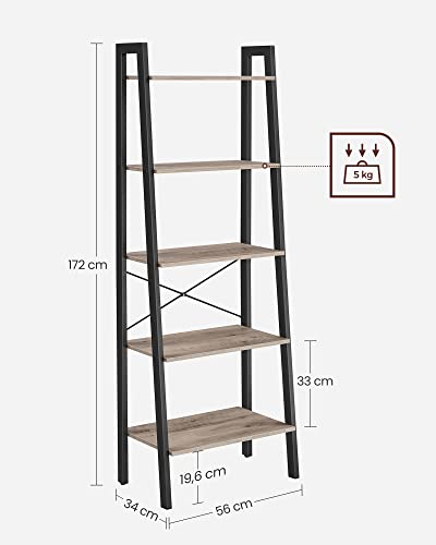 Standing Shelf Bookcase with 5 Shelves with Metal Frame Easy Assembly for Living Room Bedroom Kitchen 56 x 34 x 172 cm (L x W x H), Greige Black