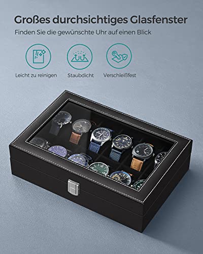 Watch Box with 12 Slots, Watch Case with Glass Lid, Watch Display Box with Removable Watch Pillows, Metal Clasp, Gift Idea, Black Synthetic Leather, Black Lining