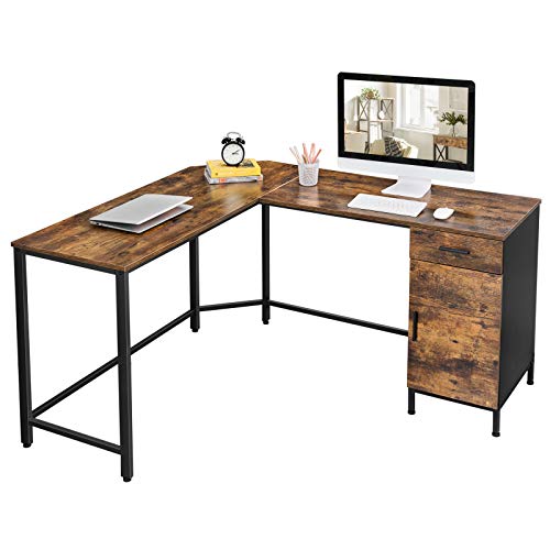 Corner Desk, L-Shaped Computer Desk, Office Desk with Cupboard and Drawer, Study, Space-Saving, Easy Assembly, Steel, Industrial Design, Rustic Brown and Black 