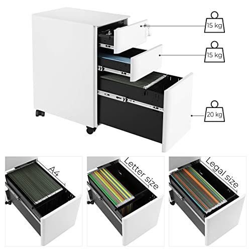 Mobile File Cabinet, Office Cabinet with Wheels and Lock, for A4, Legal, Letter Sized Documents, Hanging File Folders, White