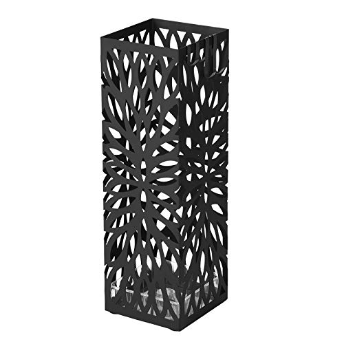 Metal Umbrella Stand, Modern Square Umbrella Holder Rack, 15.5 x 15.5 x 49 cm, with 4 Hooks and a Removable Drip Tray, for Hallway, Office, Black