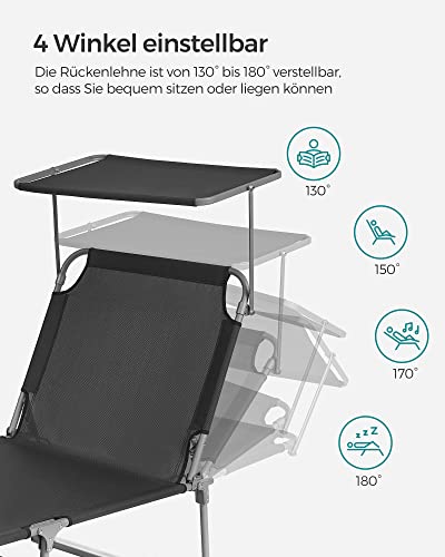 Lounger, Sunbed, Large Reclining Sun Chair, 71 x 200 x 38 cm, Load Capacity 150 kg, with Headrest, Reclining Backrest, Sunshade, Foldable, for Garden, Smoky Grey