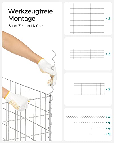 Gabion Basket, Metal Gabion Cage with 5 x 10 cm Mesh for Stones, Galvanised, Garden Decor Wall Partition, 100 x 90 x 30 cm, Silver