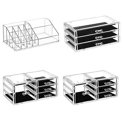 4 in 1 XXL Makeup Organiser, Makeup Box with 11 Drawers and 15 Compartments in Different Sizes, Non-Slip Pads, for Cosmetics and Jewellery, Transparent