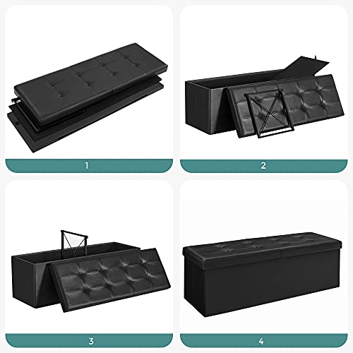 120L Folding Ottoman Bench Storage Box Storage Cube Flipping Lid Shoe Bench Footstool Load Capacity of 300 Kg Black 110 x 38 x 38 cm