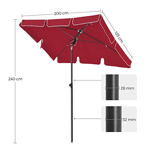 Rectangular Balcony Parasol 2 x 1.25 m, UPF 50+ Protection, Tilting Sunshade, PA-Coated Canopy, Carrying Bag, Garden Terrace, Base Not Included, Red