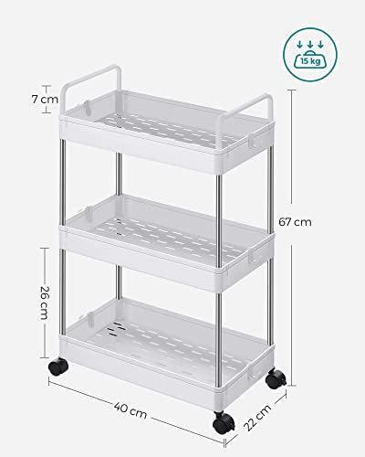 3-Tier Storage Trolley, Kitchen Shelf on Wheels, Bathroom Trolley, Space-Saving, with Handles, 22 x 40 x 67 cm, White