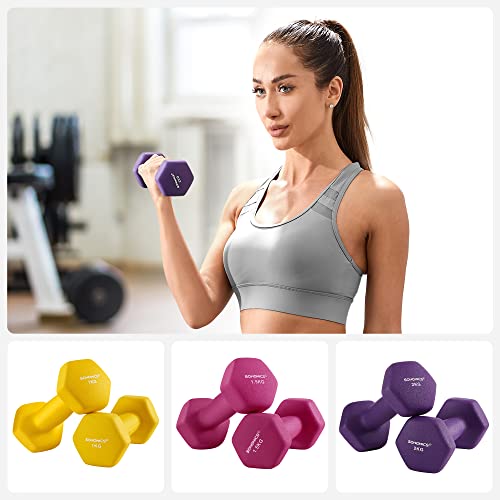 Hex Dumbbells Set with Stand, 2 x 1 kg, 2 x 1.5 kg, 2 x 2 kg, Hand Weights with Neoprene Matte Finish, for Home Exercise, Yellow, Pink, and Purple