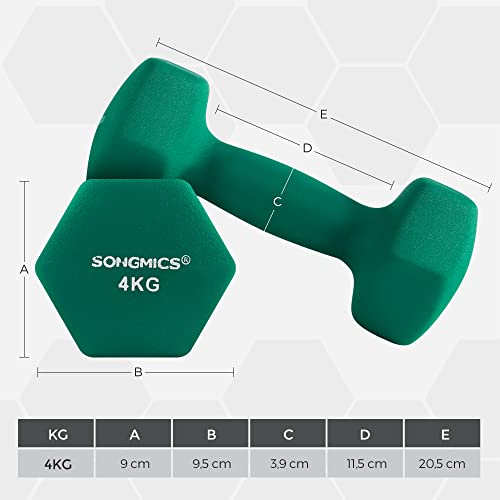 Dumbbells Set, 2 x 4 kg Neoprene Hand Weights, Home Gym Workouts, Waterproof and Non-Slip with Matte Finish, 20.5 x 9 cm, Green