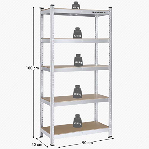 5-Tier Shelving Unit, Steel Shelving Unit for Storage, Tool-Free Assembly, for Garage, Shed, Load Capacity 875 kg, 40 x 90 x 180 cm, Silver