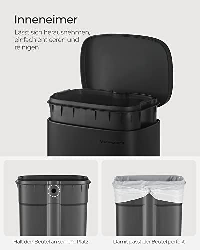 Kitchen Bin 30L, Pedal Bin, Rubbish Bin with Soft-Close Lid and Inner Bucket, Steel, Black