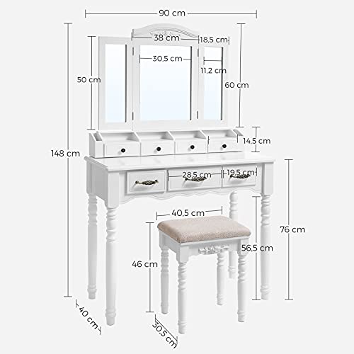 Dressing table with 7 Drawers, Makeup Table with Tri-Fold Necklace Hooked Mirror, 2 Brush Slots and 4 Open Compartments, Solid Wood Legs, Cushioned Stool, White