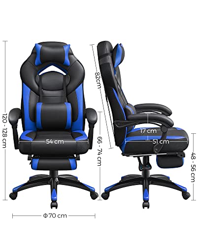 Gaming Chair, Office Racing Chair with Footrest, Ergonomic Design, Adjustable Headrest, Lumbar Support, 150 kg Weight Capacity, Black and Blue