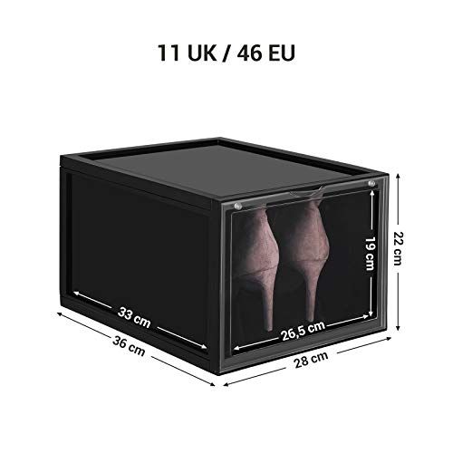 Shoe Box, Stackable Shoe Organiser, Plastic Shoe Storage with Clear Door, Easy to Assemble, Set of 6, 28 x 36 x 22 cm, Sizes up to UK 11, Black