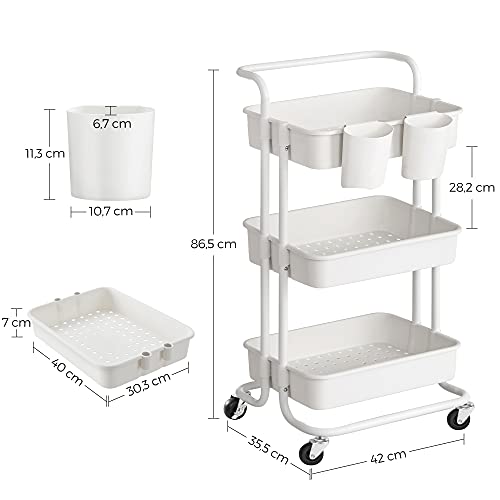 3 Tier Serving Trolley Kitchen Trolley with Handle, 2 Small Hanging Compartments, 2 Brakes, Plastic Storage Compartments, Easy Assembly, Bedroom, Laundry Room, White