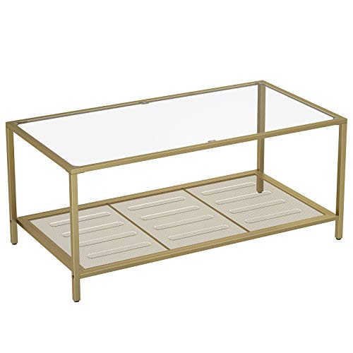 Coffee Table with Tempered Glass Top and Mesh Shelf, Cocktail Table with Stable Steel Frame, for Living Room, Gold and Transparent Colour