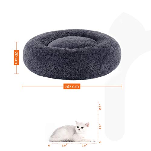 Dog Bed, Donut Cat Bed, Fluffy Calming Pet Bed with Removable, Washable Cover, Soft Long Plush, 50 cm, Dark Grey