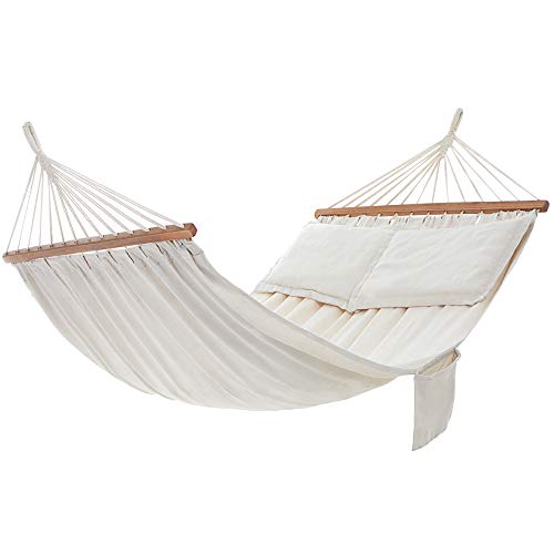 Double Hammock with 2 Pillows, Swing Bed Suitable for 2 Person, 70% Cotton, 210 x 150 cm, Load Capacity 300 kg, Beige