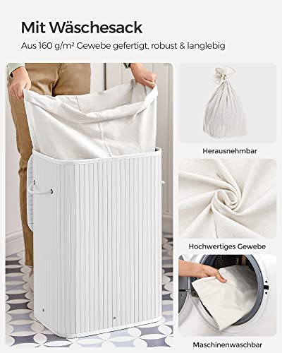 Bamboo Laundry Basket, 72L Foldable Laundry Hamper, Rectangular Storage Hamper with 3 Handles, 40 x 30 x 60 cm, White