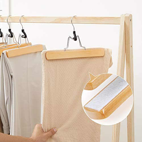 12 Pcs Wooden Trouser Hangers Non-Slip Chrome Hook 360 Degree Rotating Natural