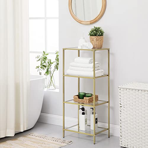 Bathroom Storage Shelf, Tempered Glass Storage Rack, 4-Tier Storage Unit, Sturdy, Easy to Assemble, for Living Room, Bedroom, Office, Golden