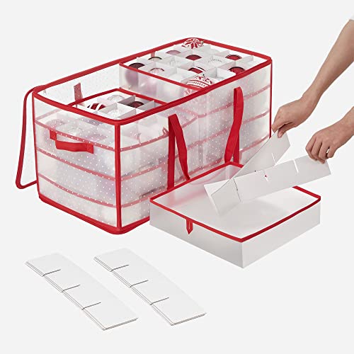 Christmas Ornament Storage Box, Storage Cube Bin for Christmas Decorations, 128 Box Places, Modular Dividers, 67 x 34 x 34 cm, Semi-Transparent and Red