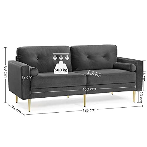 3 Seater Sofa Living Room Velvet Cover for Flats Small Spaces Wooden Frame Metal Legs Easy Assembly Modern Design 190 x 82 x 84 cm Grey