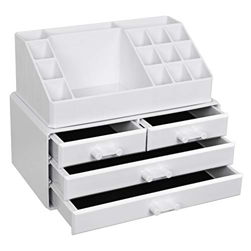 Cosmetics Organiser, Makeup Storage Holder with 4 Drawers and 16 Compartments of Different Sizes, Non-Slip Mats, for Makeup and Jewellery Accessories, White