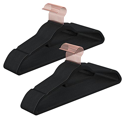 Velvet Hangers, Set of 30 Coat Hangers for Clothes, Non-Slip, with Tie Bar and Rose Gold Hook, Space-Saving, 0.6 cm Thick, 43.5 cm Long, for Dresses Trousers, Black