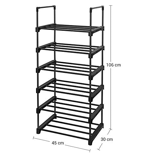 6-Tier Shoe Rack, Iron Shoe Storage Organiser, Customisable Design, Space-Saving and Versatile Shelf, for Entrance Living Room Bedroom Kitchen, 45 x 30 x 106 cm, Black