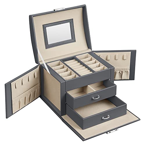 Jewellery Box, Travel Jewellery Case, Portable, Lockable Jewellery Organiser with 2 Drawers, Mirror, Lock and Keys, Gift Idea, Grey