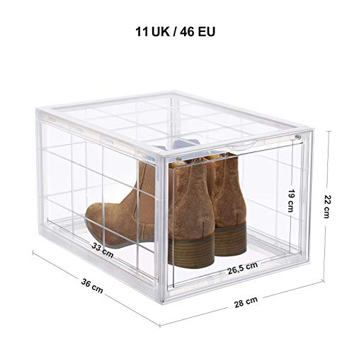 Shoe Box, Stackable Shoe Organiser, Plastic Shoe Storage with Clear Door, Easy to Assemble, Set of 6, 28 x 36 x 22 cm, Sizes up to UK 11, Transparent