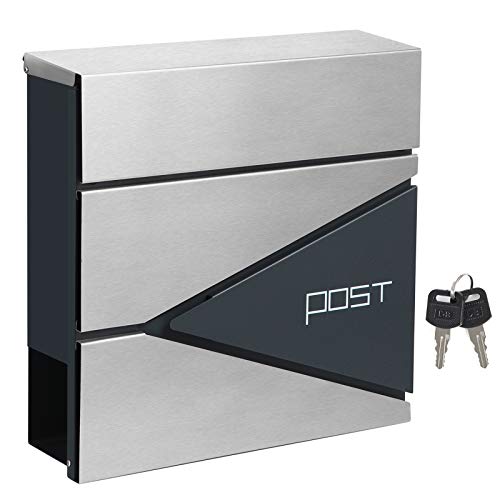 Modern Mailbox, Lockable Wall-Mounted Post Letter Box with Newspaper Holder, Easy to Install, Anthracite Grey and Silver