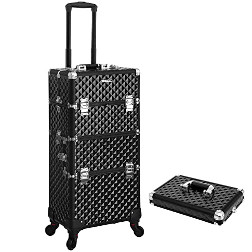 Professional Makeup Case, Travelling Beauty Trolley, Large Cosmetic Trolley for Hairdressers, Lockable Rolling Makeup Case with Universal Casters, Lid and Shoulder Strap, Black