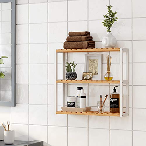 Bamboo Bathroom Shelf, 3-Tier Adjustable Plants Rack, Wall-Mounted or Stand, in the Living Room, Balcony, Kitchen, Natural and White